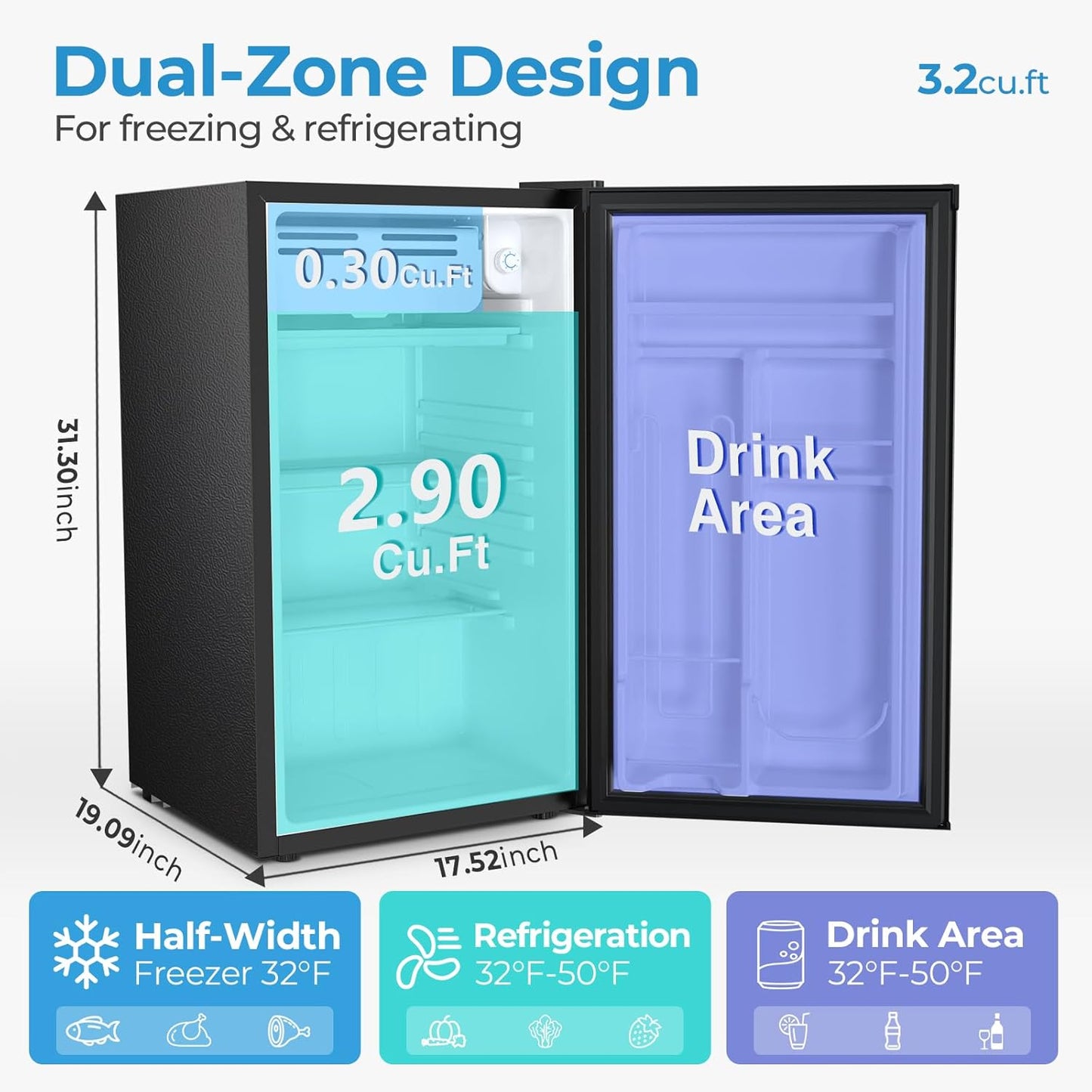 Antarctic Star 3.2 Cu.Ft. Mini Fridge with Freezer, Small Refrigerators with Adjustable Thermostat, Low Noise, Energy Saving, Compact Refrigerators for College Dorm, Office, Apartment, Stainless Steel