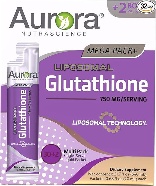 Aurora Nutrascience Mega-Liposomal Liquid Glutathione, Immune & Antioxidant Gut Health Support Supplement, 750 mg per Serving, Non-GMO, Sugar-Free, 32 Single Serve Packets