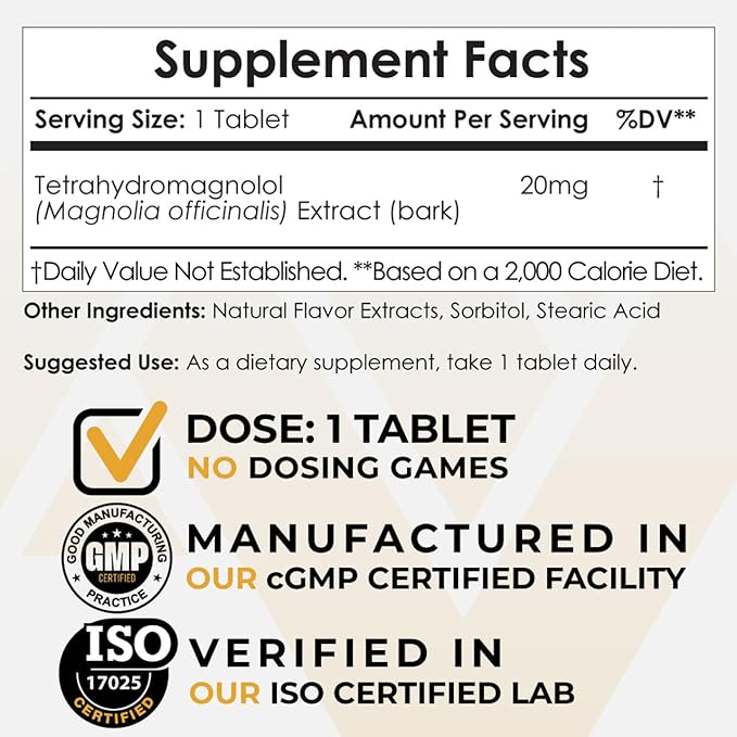 Nootropics Depot Tetrahydromagnolol Quick Dissolve Tablets | 20mg | Magnolia officinalis | Healthy Inflammation Response, Mood, & Gastrointestinal Support | 60 Count