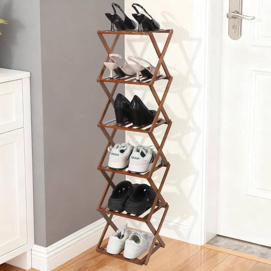 Bamboo Shoe Rack 6 Tier Foldable Shoe Rack Vertical Bamboo Shoe Organizer Free Standing Shelf for Entryway, Closet, Bedroom, Walnut Color