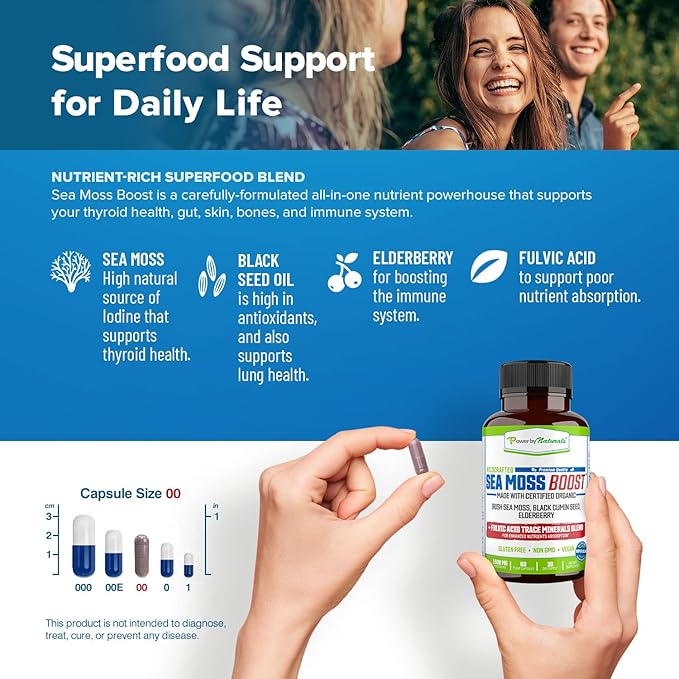 Power By Naturals Sea Moss Advanced with Black Seed Oil & Elderberry Capsules - Certified Organic Irish Sea Moss Capsules for Energy, Gut & Immune Support - Sea Moss Pills with (60+ Minerals) 60 Pills