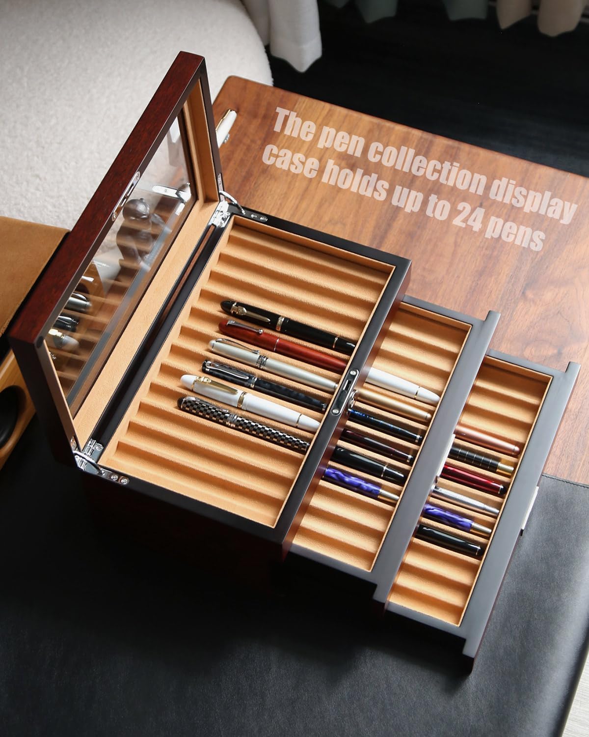 Wood Pen Display case 36 Slot Fountain Pen Box Storage Organizer with Drawer, Top Glass Window Pen Collection Display Case