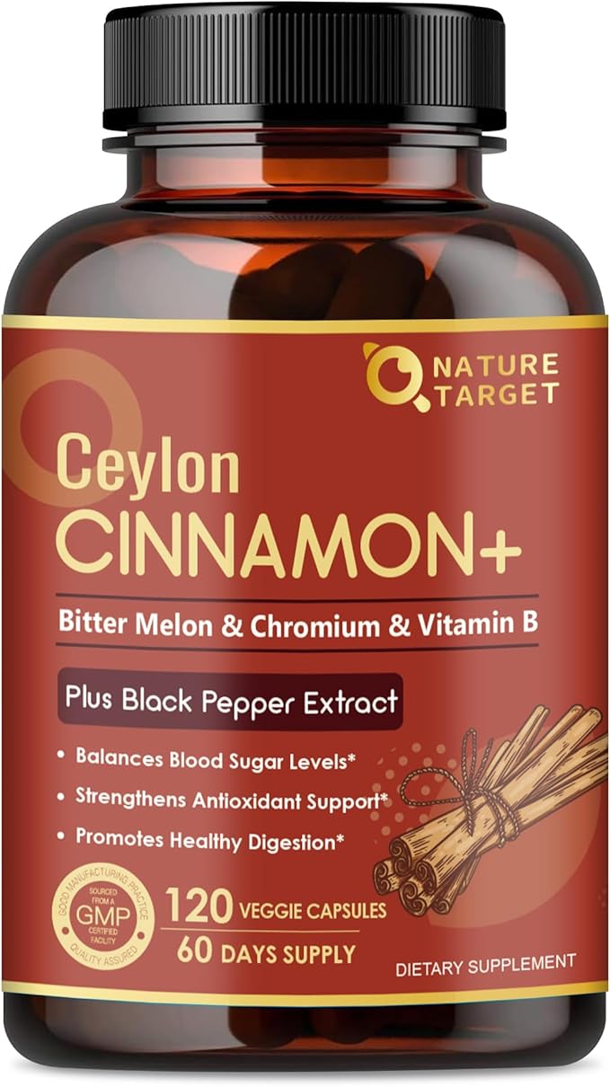 NATURE TARGET Ceylon Cinnamon Capsules - Cinnamon Supplements Plus Chromium, Bitter Melon, Vegetarian, 120 Capsules