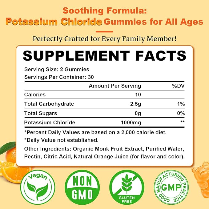 Sugar Free 2 Pack Potassium Gummies, Potassium Chloride 1000mg for Adults, Potassium Supplement for Women & Men, Electrolyte Balance, Prevent Leg Cramp, Support Muscle & He♡rt Health, 120 Count