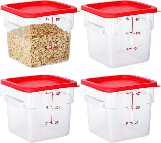 4 Pack Food Storage Containers, 6 Quart with Lids, Square Commercial Containers with Scale, NSF, Polycarbonate, Clear