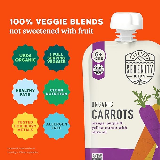 Serenity Kids 6+ Months Carrot Puree Organic Baby Food Pouches - No Added Sugar & Allergen-Free Toddler Food - BPA-Free Baby Snacks - 3.5 Oz, 6 Pack