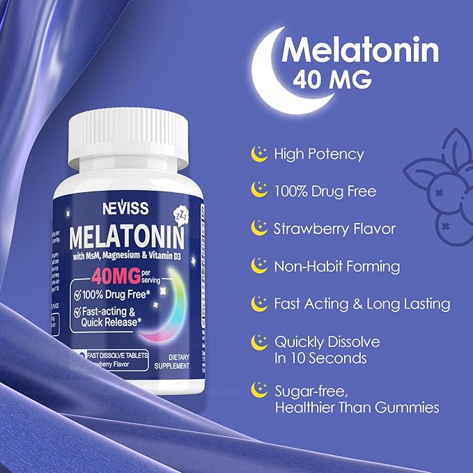 Melatonin 40 mg for Adults - Fast Dissolve & Chewable Sublingual Sleep Supplement - Extra Strength Melatonin with Vitamin D3 & MSM, Selenium for Health Rest Cycle, Deep Zzzs, Sugar-Free, 180 Servings