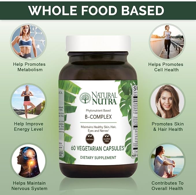 Natural Nutra Vitamin B Complex with Niacin, Folate, Thiamin, Biotin, Supports Nervous System Health, Promotes Metabolism, Skin, Eyes and Hair Health, Whole Food Supplement, 60 Vegetarian Capsules