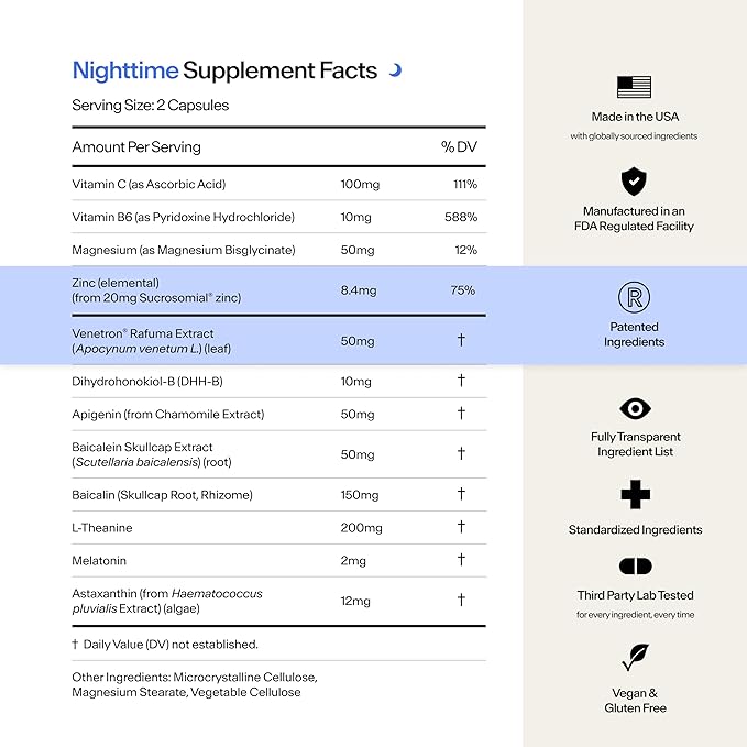 Stasis Nighttime - Calm & Sleep Capsules to Pair with Your Stimulant - Skullcap, Magnolia Bark, Magnesium for Sleep & Astaxanthin Supplements for Relaxation & Mood Support (25 Servings)