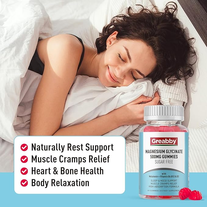 Magnesium Glycinate Gummies 500mg for Adults Sleep Support, Chewable Magnesium Gummies for Women & Men, Muscle Relief & Magnesium Supply (60 Gummies)