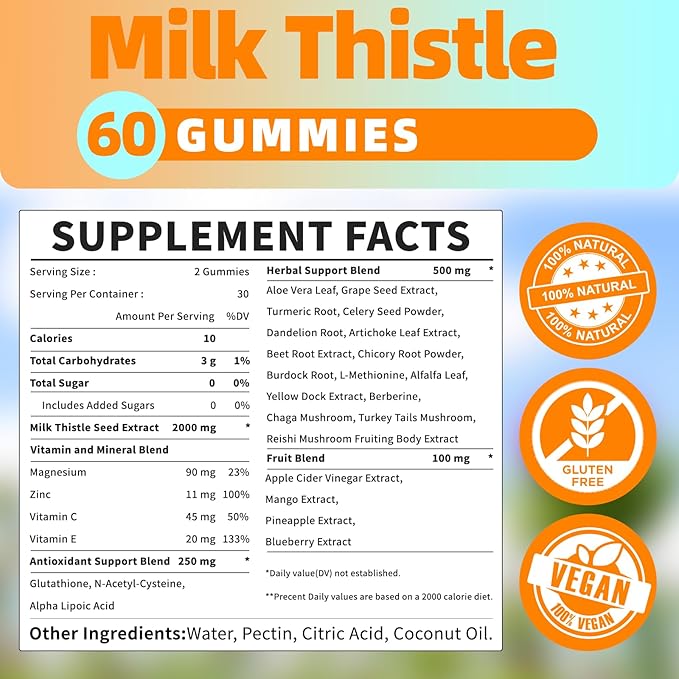 2000 Mg Milk Thistle Gummies - Mango Pineapple - with NAC, Glutathione, Dandelion Root, etc - Gentle Detox* & Cleanse*, Gluten-Free, 60 Count