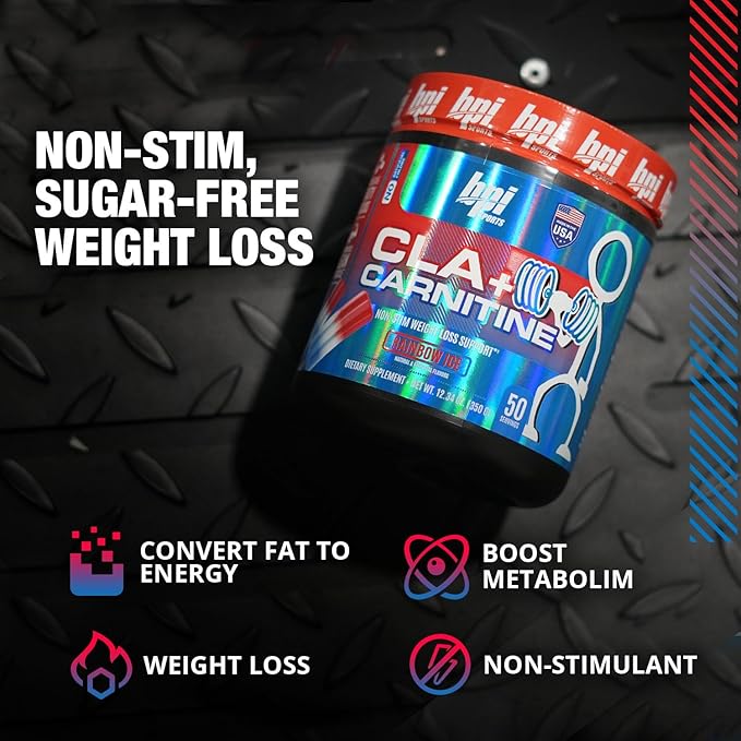 BPI Sports CLA+Carnitine – CLA L Carnitine & Linoleic Acid – L Carnitine Supplement for Weight Loss, Metabolism & Lean Muscle – Caffeine Free – Rainbow Ice – 50 Servings – 12.34 oz