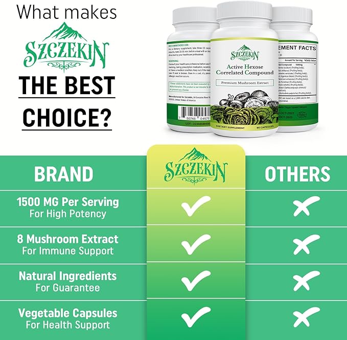 Active Hexose Correlated Compound 1500 mg Supplement, Natural 8 Mushroom Extract Supplement, Immune System, Liver Function, Natural Killer and T Cells Activity, 90 Veggie Capsules