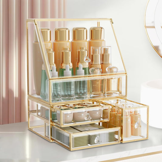Makeup Organizer for Vanity, Clear Makeup Organizer with Drawer, Skincare Holder for Bathroom Countertop,Cosmetic Display Case for Dresser
