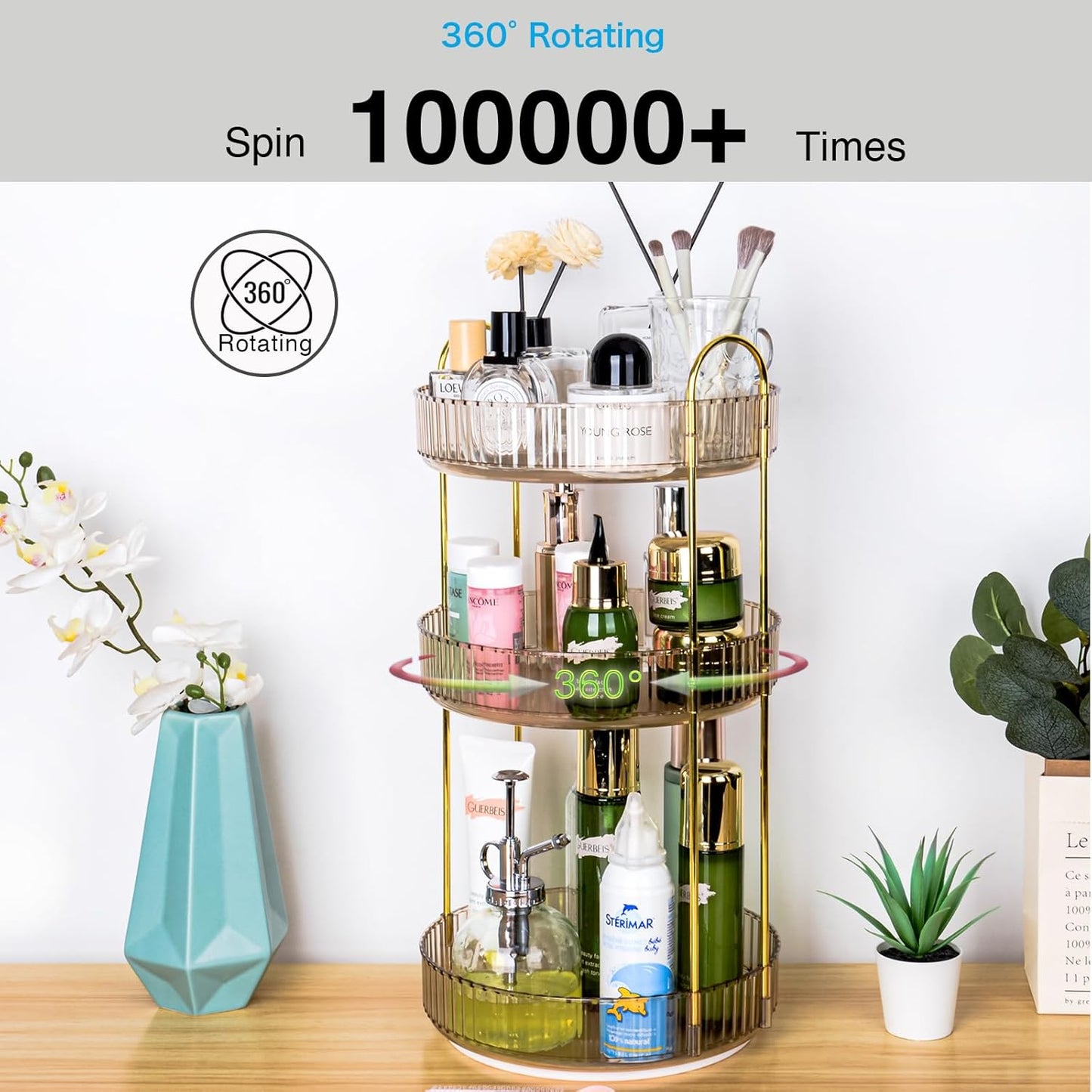 360 Rotating Makeup Organizer - Large Capacity Spinning Perfume & Cosmetic Skincare Holder for Vanity & Countertop (Vibrant Orange, 3 Tier)