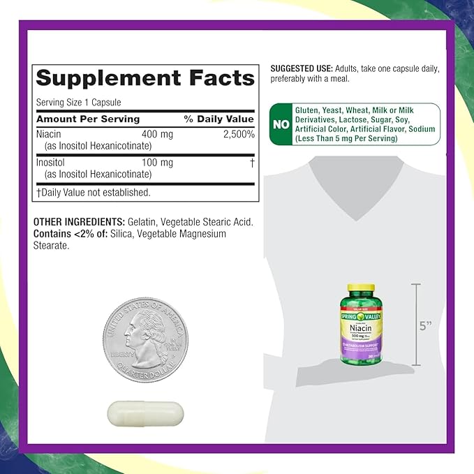 Spring Valley Vitamin B3 Niacin 500mg Flush Free Capsules, Dietary Supplement 240 Pills (Pack of 1) - Set by Basket Goods