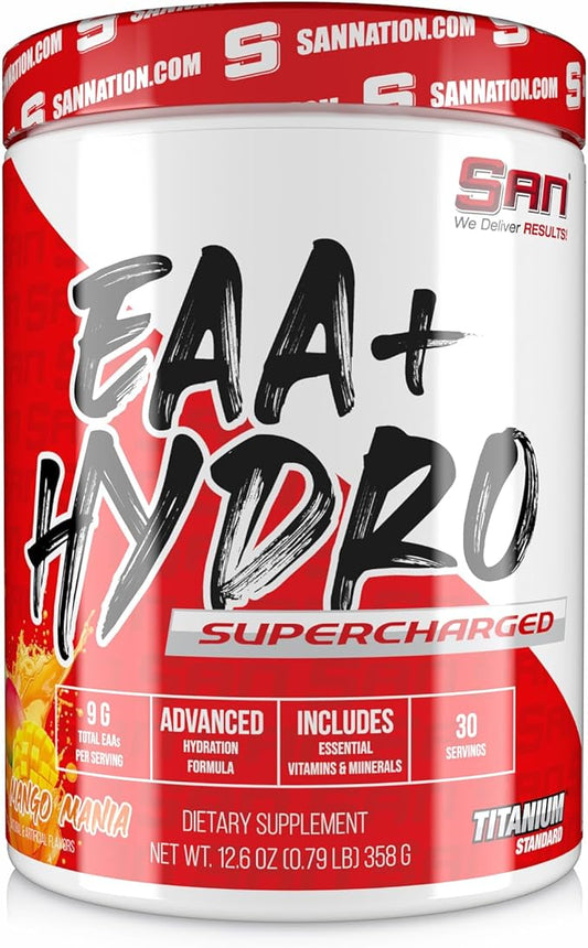 SAN EAA Hydration | EAAs + BCAA| Muscle Recovery & Intra | 9G Essential Amino Acids + Electrolytes | Mango Mania 30 Serving