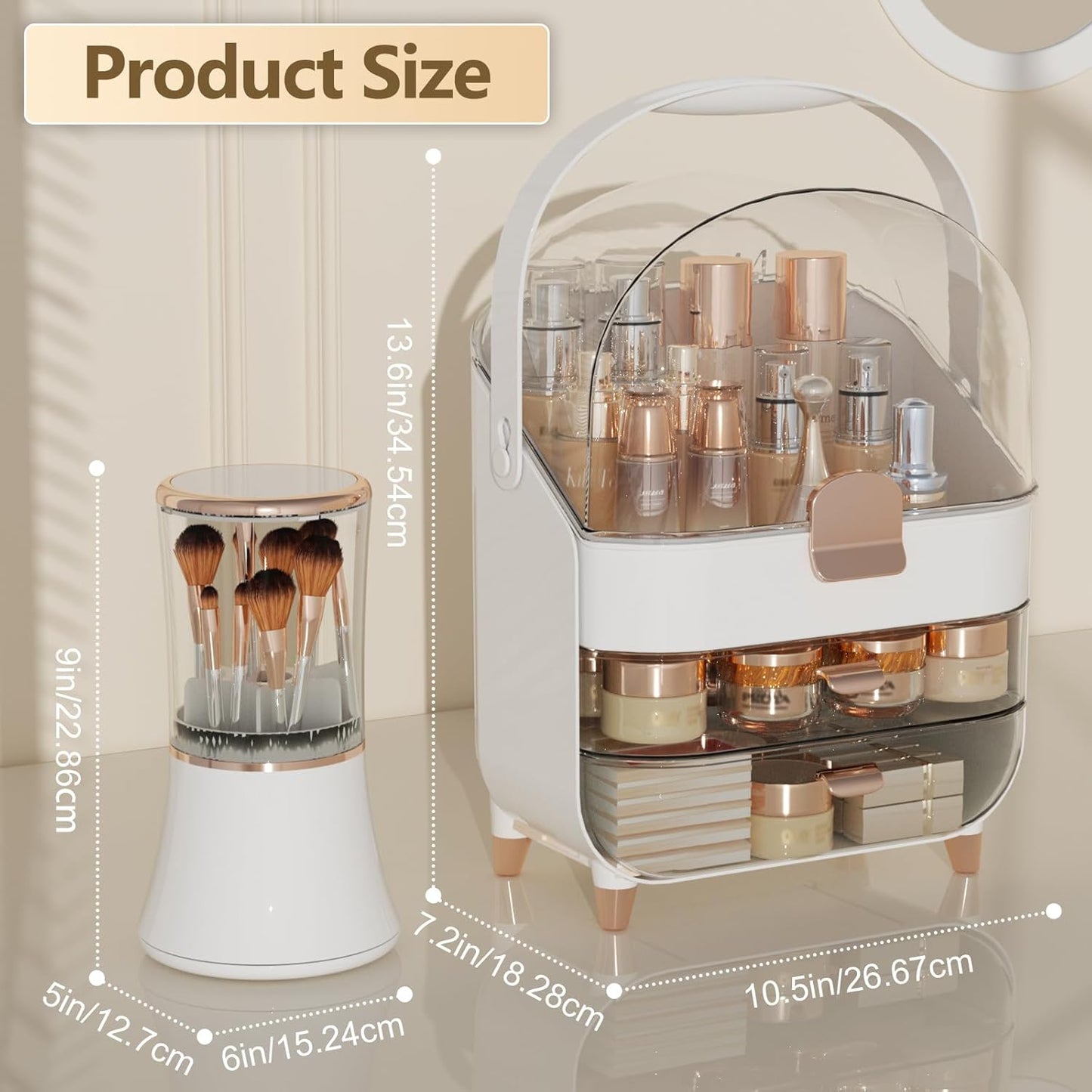 Makeup Organizer Countertop & Makeup Brush Holder with Lid 360 Rotating Clear Dustproof Skincare Holder for Vanity Bathroom Countertop, Ideal Gifts for Women, Transparent, Rose Gold