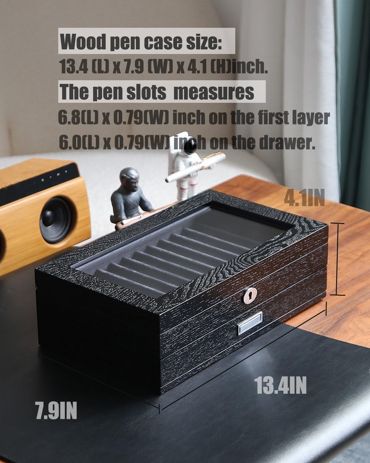 Wood Pen Display case 24 Slot Fountain Pen Box Storage Organizer with Drawer, Top Glass Window Pen Collection Display Case