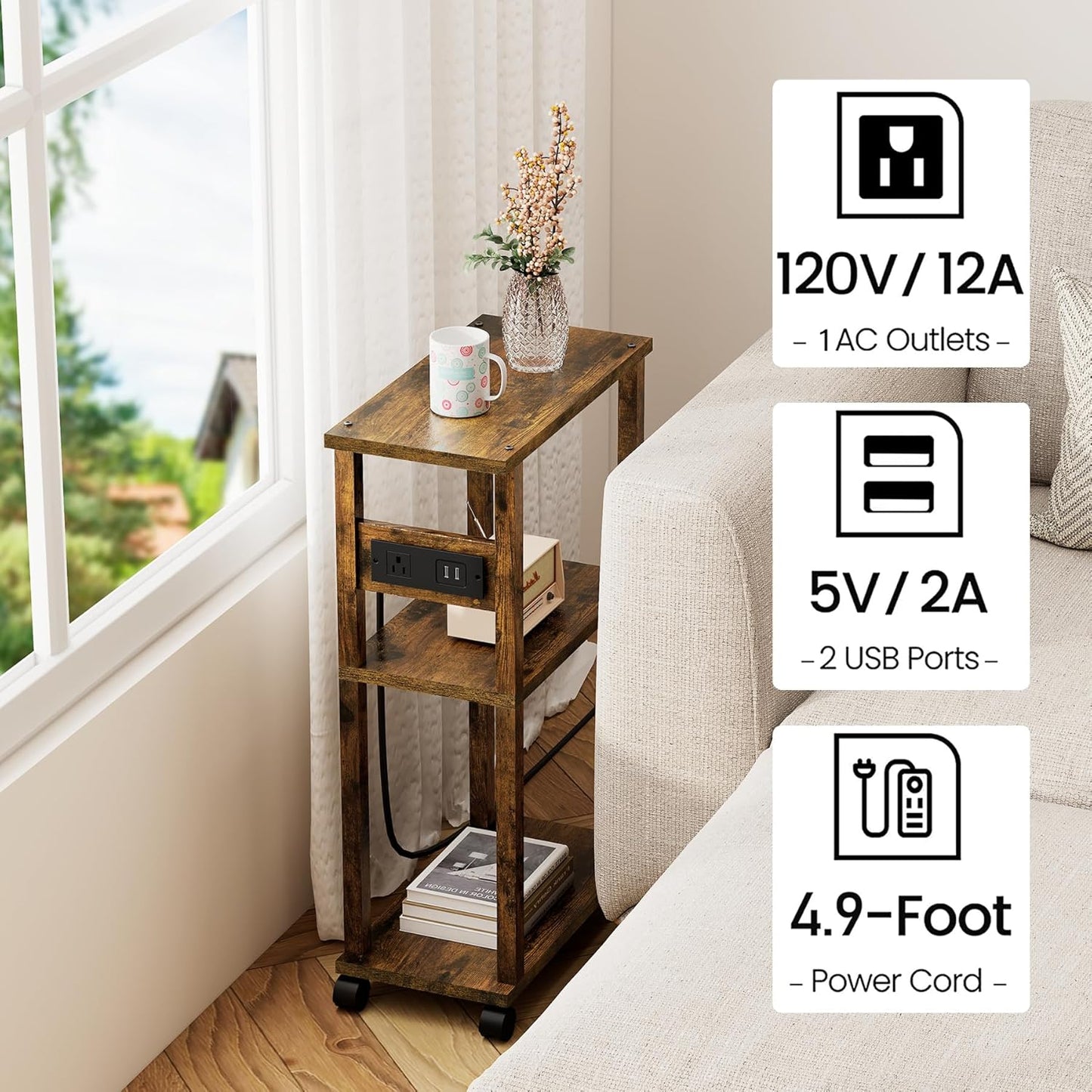 TUTOTAK Small Narrow Side Table with Charging Station, Skinny End Table for Small Spaces, Slim Nightstand with USB Ports and Outlet, Sofa Beside Table with Wheels, Rustic Brown TB01BB046C