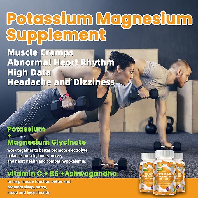 Potassium Magnesium Gummies,High Absorption Magnesium Glycinate,B6,D3,Potassium Citrate for Leg Cramps,Muscle,Electroyte for Adults Kids,Sugar-Free, 120 Gummies (Sweet Orange Flavor)
