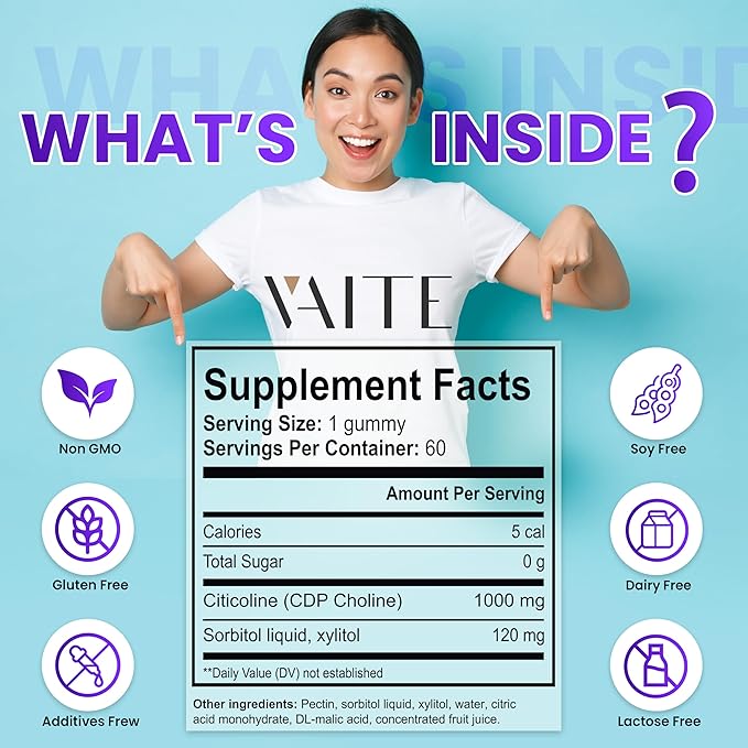 Citicoline 1000mg Supplements – CDP Choline for Brain Support, Memory, Focus & Mental Performance – Helps Maintain Clarity & Concentration – for Adults – Non-GMO, Vegan, 60 Gummies
