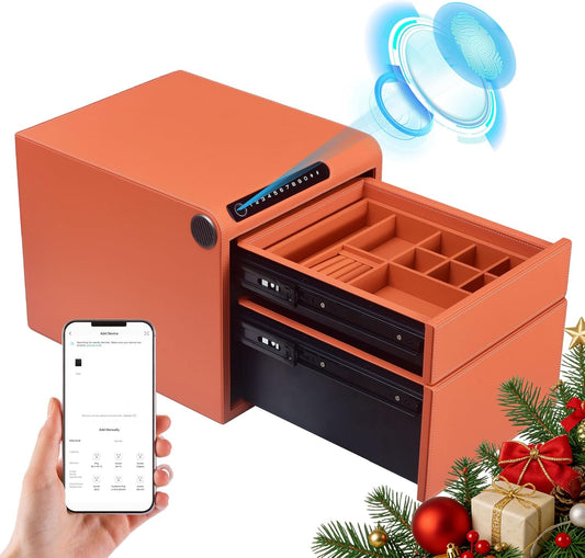 Jewelry Safe with Drawers，Biometric Fingerprint safe, Slide-Away Handgun Safe for Pistols, Leather Wrapped Jewelry Storage Safe, Digital Keypad & Quick-Access Drawer(Orange- 2 Drawer)
