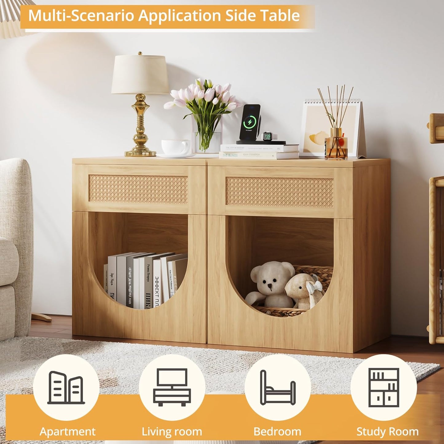 End Table with Drawer, 20 Inch Artificial Rattan Night Stand for Arched Storage or Cat Rest Area, Sturdy Thickened Wood Side Table Bedside Table for Living Room, Bedroom and Apartment
