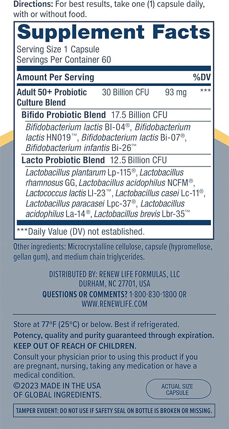 Renew Life Probiotic Adult 50 Plus Probiotic Capsules, Daily Supplement Supports Urinary, Digestive and Immune Health, L. Rhamnosus GG, Dairy, Soy and gluten-free, 30 Billion CFU, 60 Count