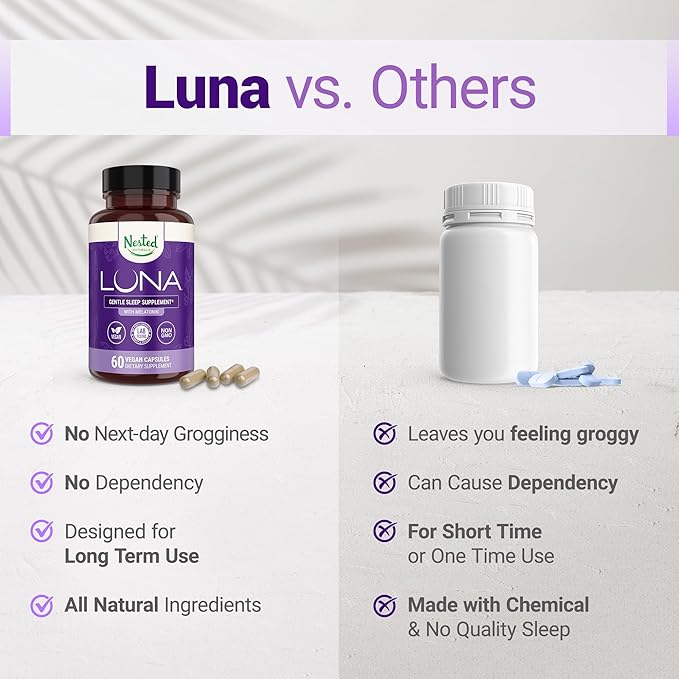Nested Naturals Luna Sleep Aid - Non-Habit Forming Natural Sleeping Pills for Adults with Naturally Sourced Ingredients - Valerian Root, Melatonin, Chamomile, Lemon Balm, and More - 120 Vegan Capsules