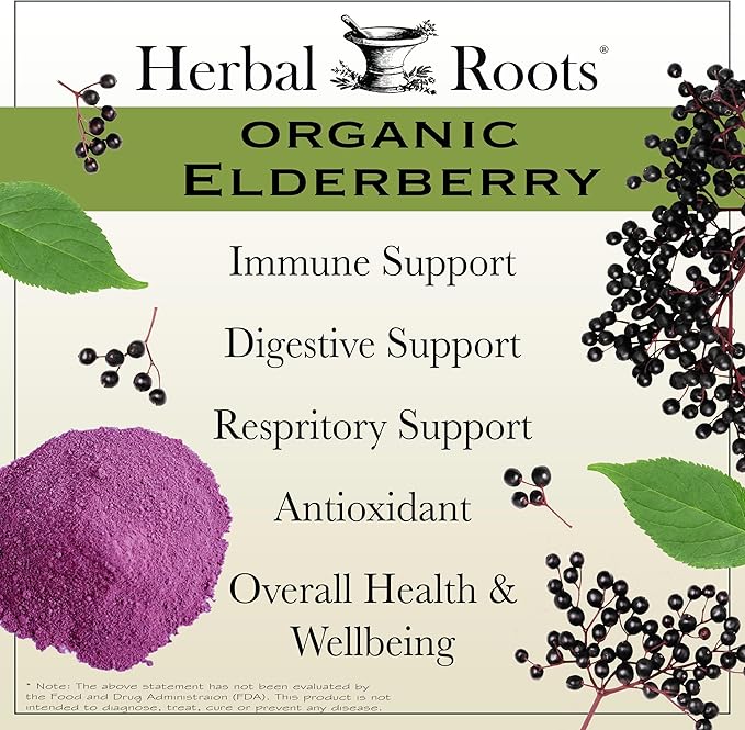 Herbal Roots Organic Black Elderberry Capsules | Max Strength | Made with Organic Sambucus | 60 Vegan Capsules