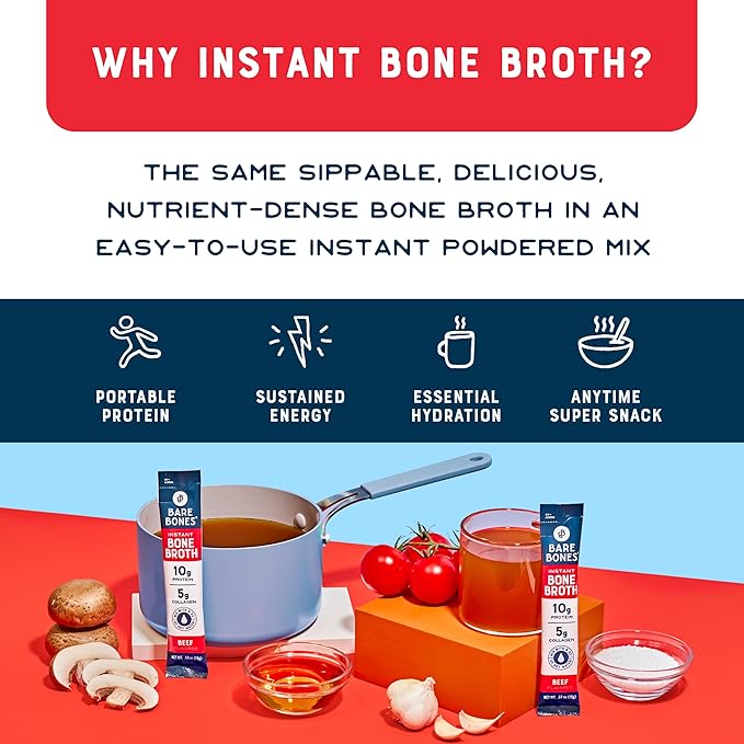 Bare Bones Beef Bone Broth Instant Powdered Mix | Rich Savory Packets on-the-Go No Artificial Flavors | Keto & Paleo Friendly | 10g Protein | 16 Pack