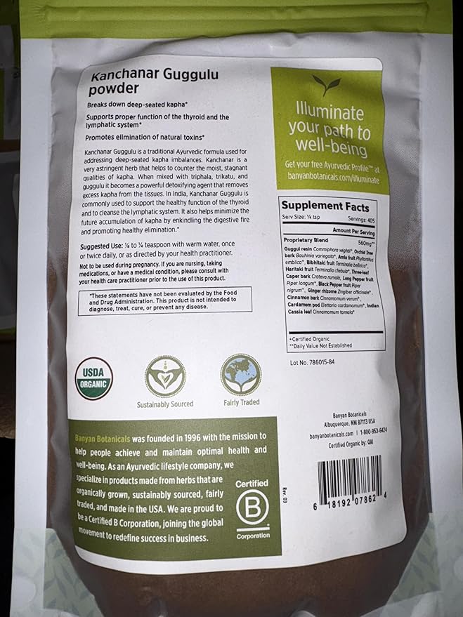 Banyan Botanicals Organic Kanchanar Guggulu Powder – Traditional Ayurvedic Guggulu Formula – Ayurvedic Herbs for Healthy Elimination of Natural Toxins* – ½ lb. – Non-GMO Sustainably Sourced Vegan