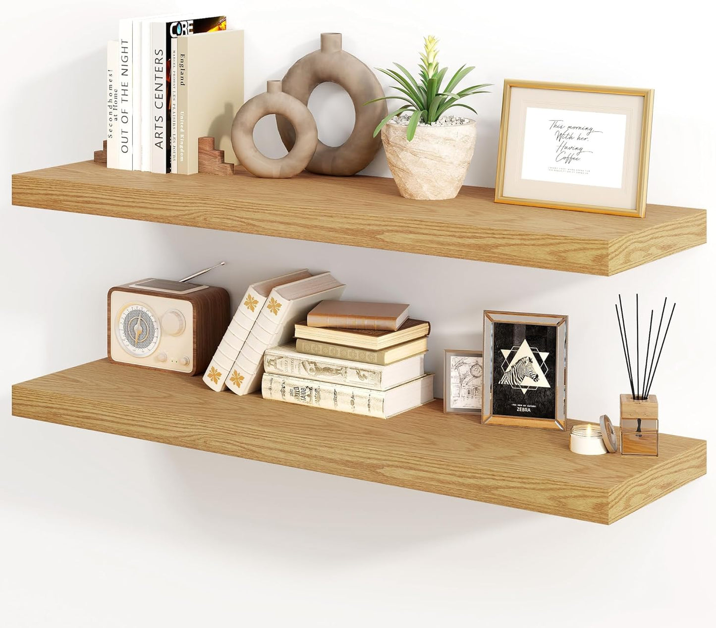 30 Inch Floating Shelves, Rustic Floating Wall Shelves 8 Inch Deep, 30 x 8 Floating Shelves for Home Decor, Deep Display & Storage Shelves for Kitchen, Bathroom, Living Room, Oak Color, Set of 2