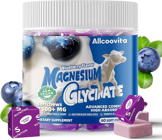 Magnesium Glycinate Soft Chews, Blueberry Flavor.Chewable Sugar Free Potassium Magnesium Chews with Magnesium Glycinate, Vitamin D, B6, and CoQ10 for Calm Support & Sleep for Adults, 60 Days Supply