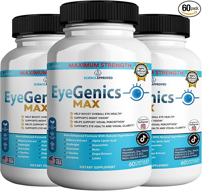 EyeGenics Max Vision Support Supplement, 60 Capsules, Maximum Strength Eye Health Formula with Lutein, Bilberry Extract, Vitamins (3)
