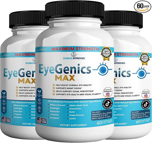 EyeGenics Max Vision Support Supplement, 60 Capsules, Maximum Strength Eye Health Formula with Lutein, Bilberry Extract, Vitamins (3)