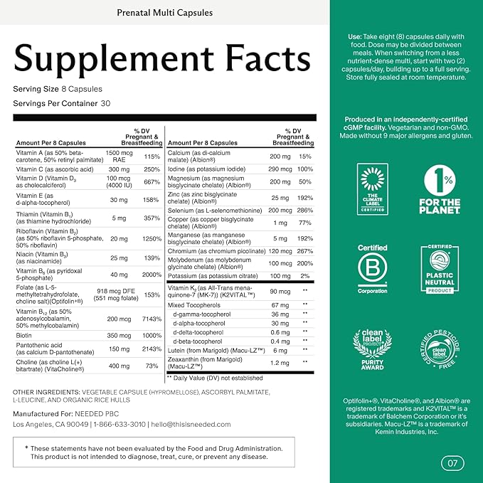 Needed. Multivitamin with Choline Capsules for Prenatal, Pregnancy, Breastfeeding, Postpartum | Expertly-Formulated & Third-Party Tested| 30-Day Supply