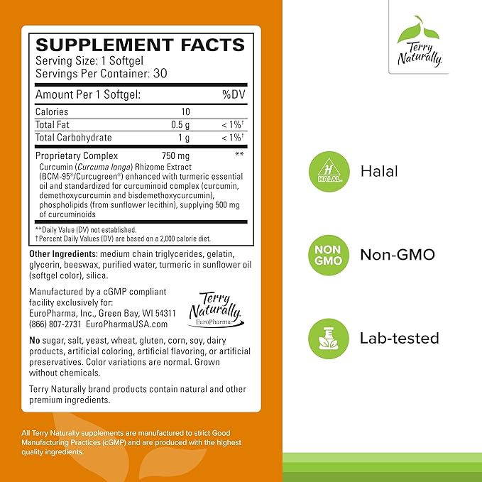 Terry Naturally CuraMed 750mg - Antioxidant Supplement for Brain & Heart Health - Supplement with High-Potency Curcumin Complex - Kidney, Liver & Immune Health Support - 30 Softgels (Pack of 2)