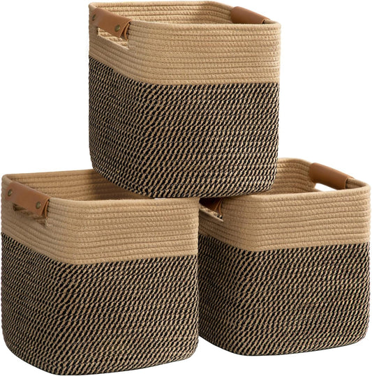 danpinera 3-Pack Cotton Rope Baskets for Storage, 11"x11" Cube Storage Cubes Store Towel, Snack, Storage Bins with Reinforced Stitching & Practical Handles, Black & Brown