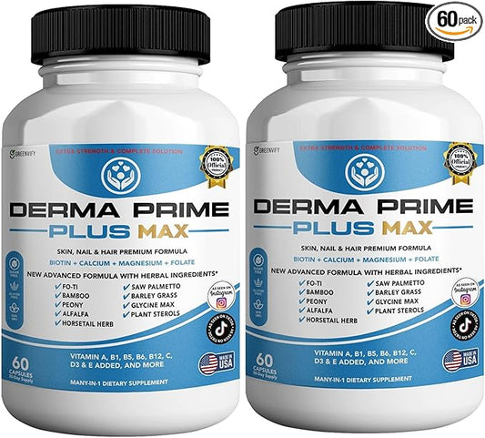 Derma Prime Plus Max Hair Skin Nail Supplement, 60 Capsules, with Biotin 5000mcg, Vitamins, Minerals, Herbal Blend (2)