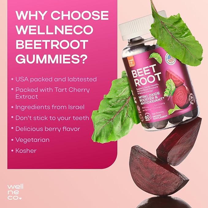 Beet Chews for High Blood Pressure - Beet Root Gummies Made in USA with Tart Cherry - Nitric Oxide Supplements for Energy and Cardio Health - Vegan, No GMO, Pectin Based - for Women and Men