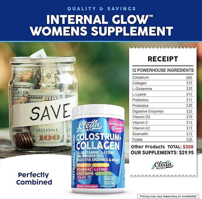 Bovine Colostrum Powder + Collagen Peptides with L-Glutamine L-Lysine Prebiotics Probiotics Digestive Enzymes Vitamin D K2 C Quercetin & Folate | Gut Health Supplement Internal Glow by Clean Nutra