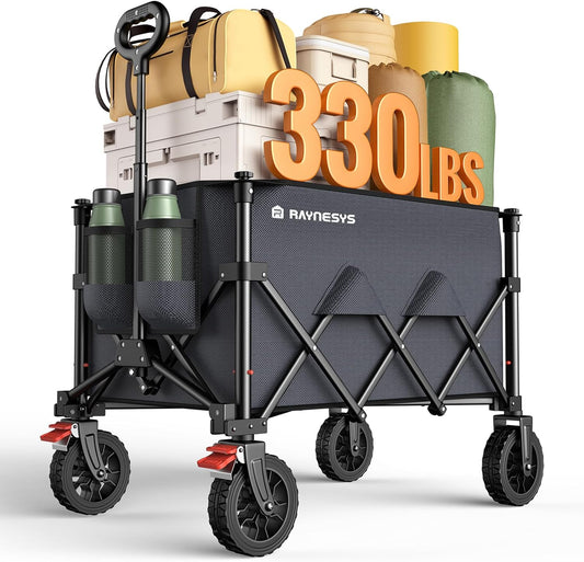 Wagons Carts Foldable, Collapsible Foldable Wagon 330lbs Capacity, 180L Large Capacity Wagon with All-Terrain Wheels,Heavy Duty Utility Wagon Cart with Brakes for Beach Camping Shopping, Grey