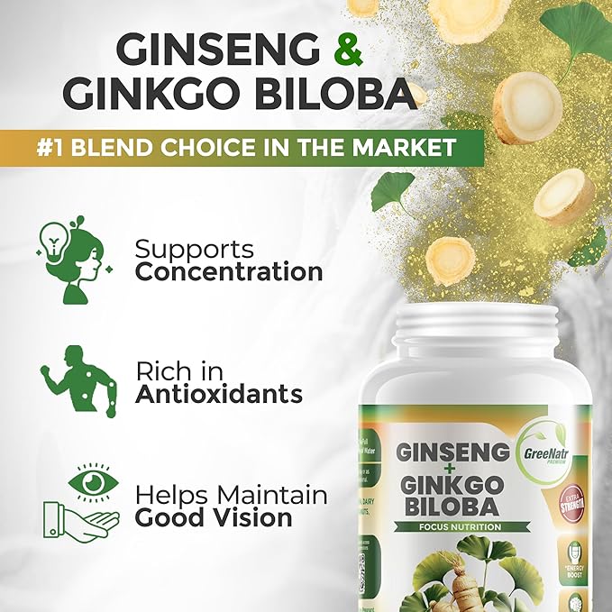 Ginko Biloba & Panax Ginseng Supplement - Red Ginseng for Memory and Focus - Ginkgo Biloba for Good Vision, Immune System and Improved Blood Flow (360 Tablets: 6 Bottles)