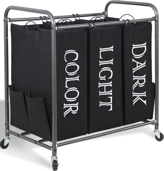 STORAGE MANIAC 3 Section Laundry Sorter, 35.9 Gal (136 L) Laundry Hamper Cart with Heavy Duty Rolling Lockable Wheel and Removable Bag, Clothes Organizer Basket Clothes Separator Hamper, Label Black