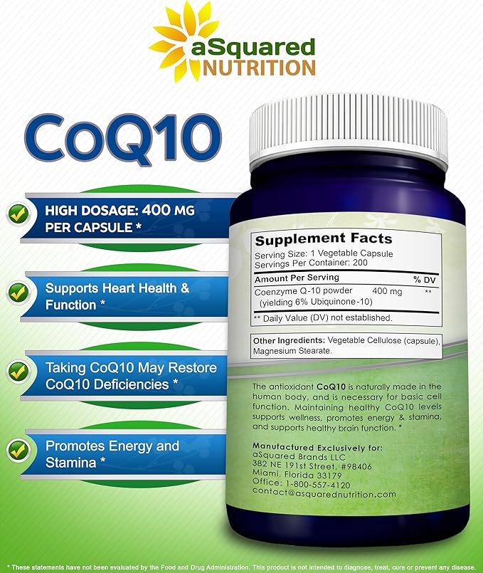 aSquared Nutrition CoQ10 (400mg Max Strength, 200 Capsules) - High Absorption Vegan Coenzyme Q10 Powder - Ubiquinone Supplement Pills, Extra Antioxidant CO Q-10 Enzyme Vitamin Tablets, Coq 10 400 mg
