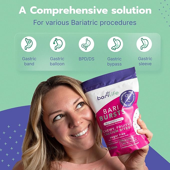 Calcium Citrate Bariatric Calcium Chews with 1000 IU Vitamin D3 - Ideal for Bariatric Patients - BariBurst by Bari Life (Lemon Lime)