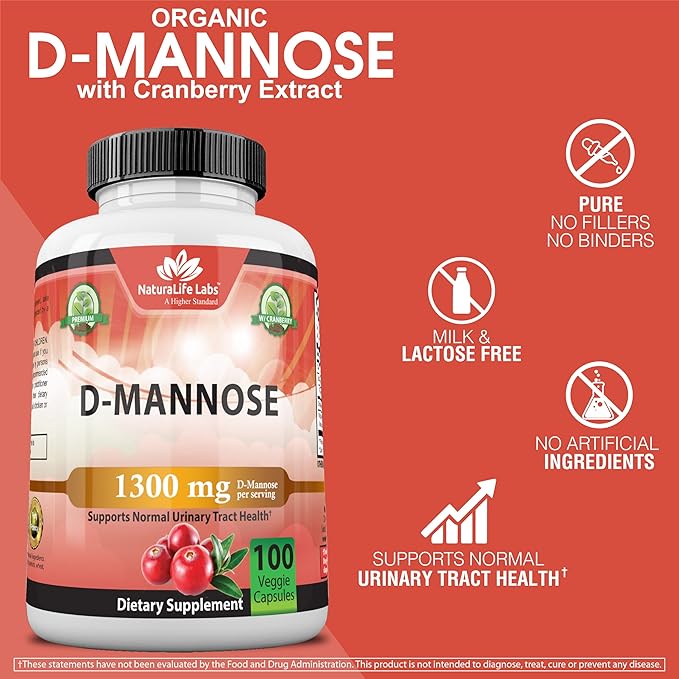NaturaLife Labs A Higher Standard Organic D-Mannose 1,300 mg with Cranberry Extract Fast-Acting, Flush Impurities, Urinary Tract Health- 100 Veggie Capsules