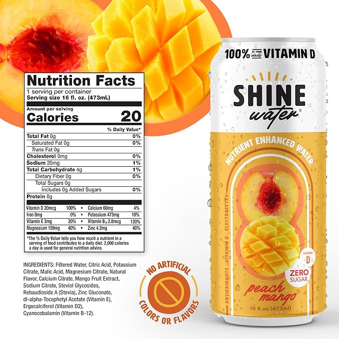 ShineWater Vitamin D Hydration Electrolyte Drink - Flavored water with electrolytes, Sugar-Free, Magnesium, Zinc, Vitamin B12, Plant-Based, Low Calorie - Peach Mango Fruit Water 12 Pack